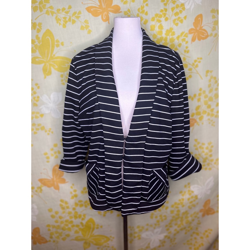 Tribal Womens Black White Striped Open Front Knit Blazer Jacket Size 14